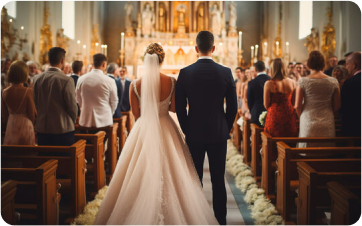 Bride and groom walking down church aisle