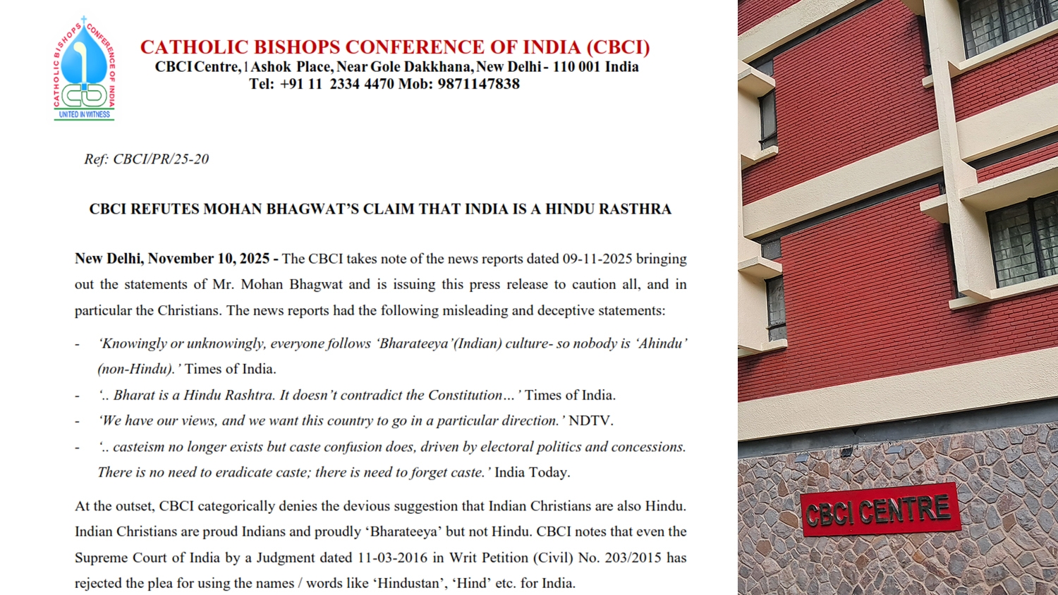 CBCI Refutes Mohan Bhagwat’s Claim That India Is a Hindu Rasthra