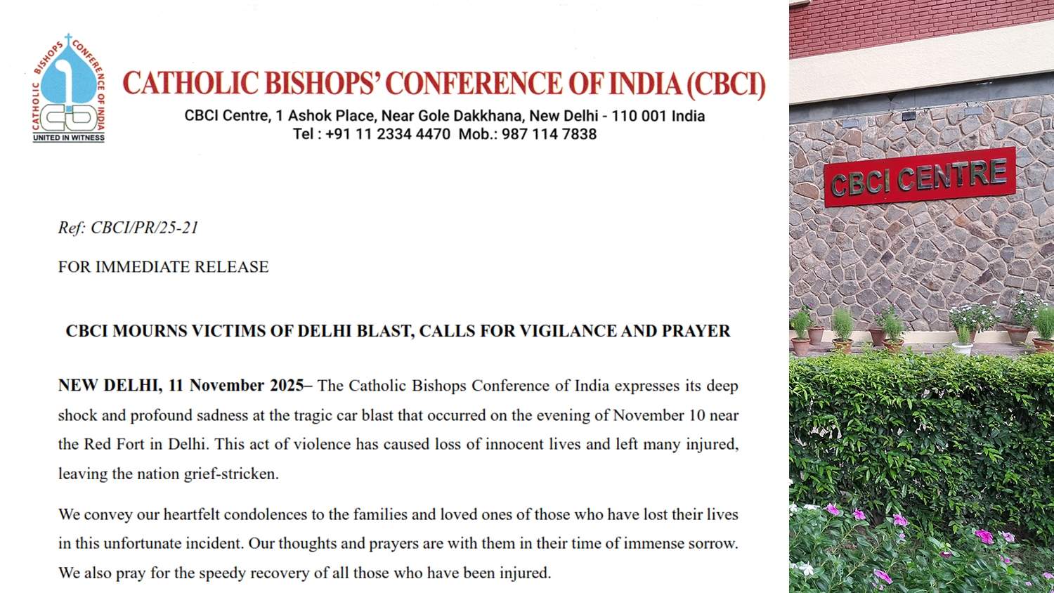 CBCI Expresses Deep Grief Over Delhi Blast; Urges Vigilance and Prayer for Peace